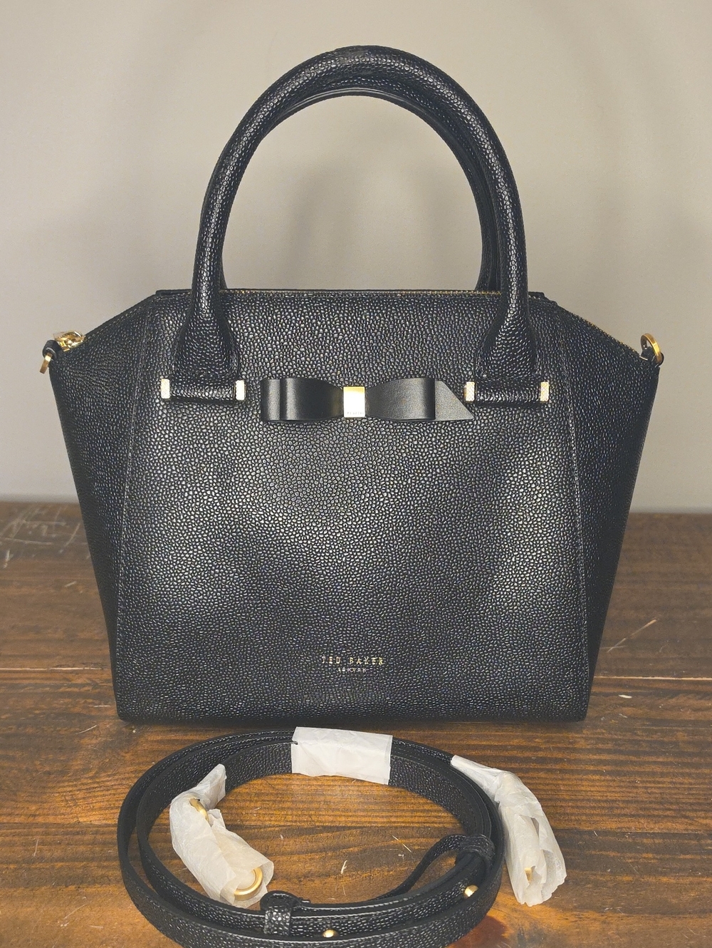 Ted Baker Janne Black Pebble Grain Bow-Trim Satchel